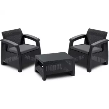 Conjunto de mobiliário de jardim Keter Corfu Weekend para 2 pessoas com mesa de centro, efeito rattan cinzento
