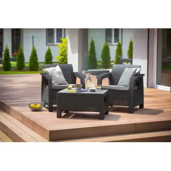 Conjunto de mobiliário de jardim Keter Corfu Weekend para 2 pessoas com mesa de centro, efeito rattan cinzento