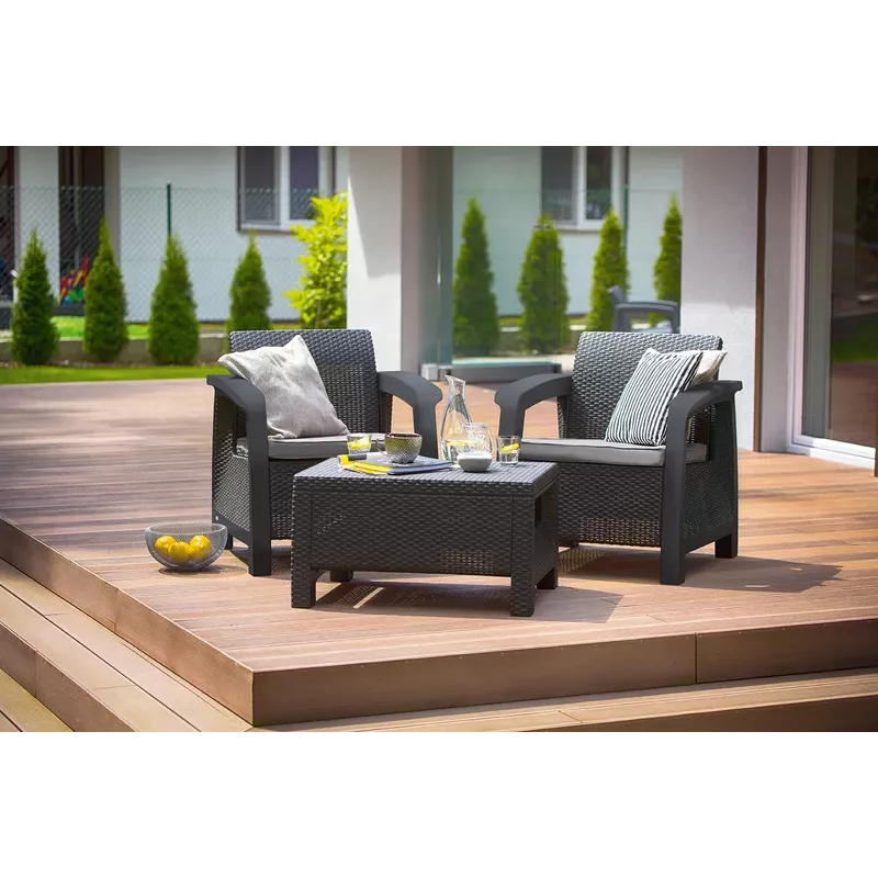 Conjunto de mobiliário de jardim Keter Corfu Weekend para 2 pessoas com mesa de centro, efeito rattan cinzento