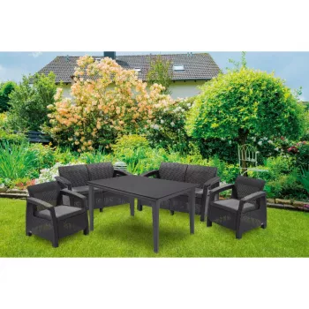 Conjunto de lounge de jardim Keter Corfu Fiesta para 6 pessoas com mesa de refeição, cinzento grafite