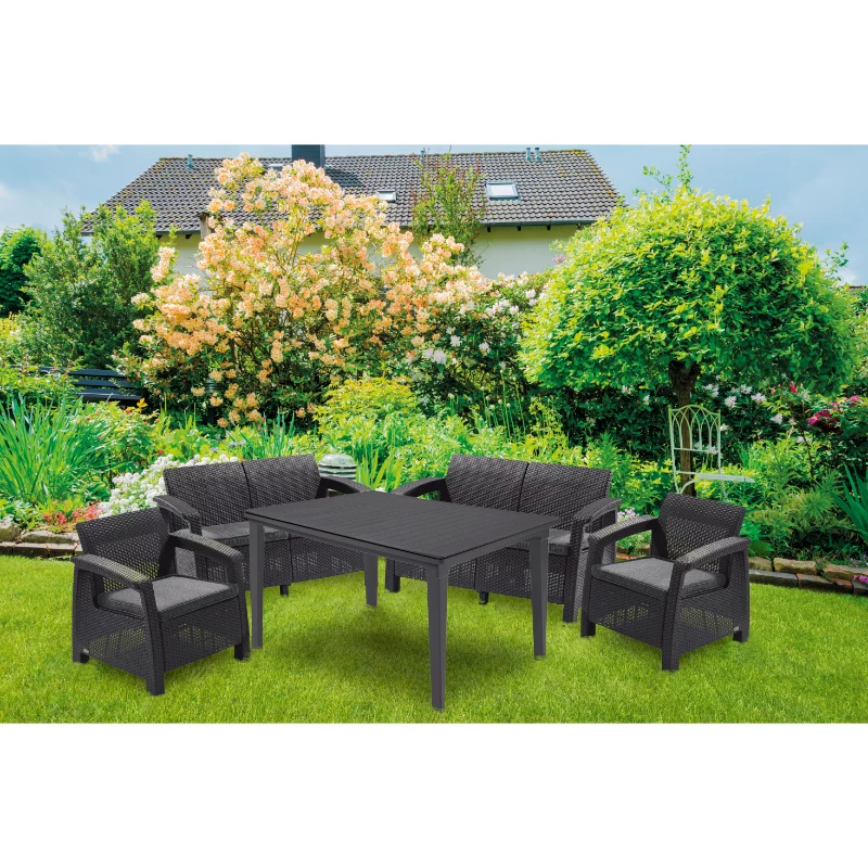 Conjunto de lounge de jardim Keter Corfu Fiesta para 6 pessoas com mesa de refeição, cinzento grafite