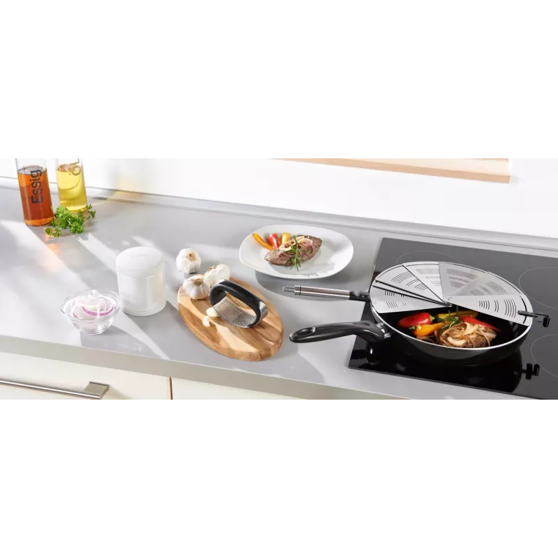 Proteção anti-salpicos para frigideiras LEIFHEIT ProLine Ø28 cm, rede de aço inoxidável, cabo preto