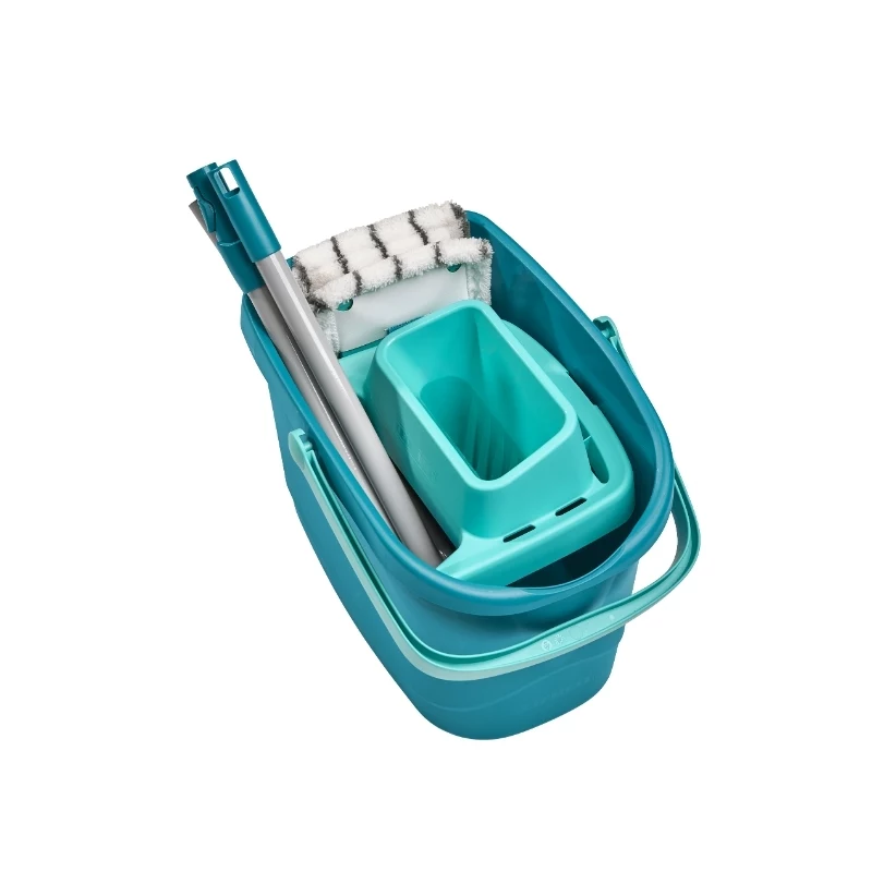 LEIFHEIT Conjunto de limpeza de pavimentos Clean & Compact com mopa plana e espremedor de pedal, balde 8L, cabeça de microfibra, 33cm, branco/azul