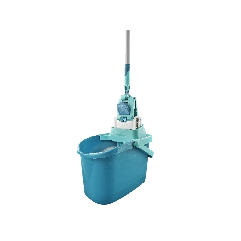 LEIFHEIT Conjunto de limpeza de pavimentos Clean & Compact com mopa plana e espremedor de pedal, balde 8L, cabeça de microfibra, 33cm, branco/azul