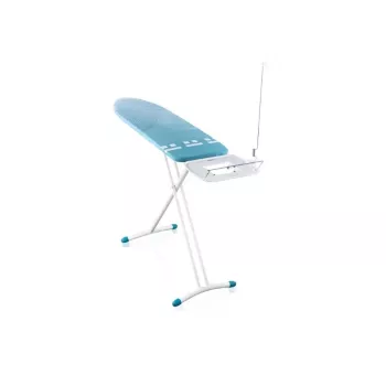 LEIFHEIT Air Board Express L Solid tábua de passar a ferro 130x38 cm com tecnologia Thermo-Reflect, altura ajustável 75-98 cm, dobrável, formato ombro, pés antiderrapantes, apoio para ferro, suporte de cabo, branco/azul