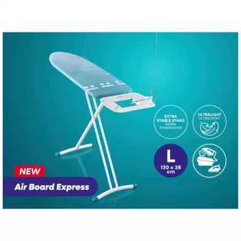 LEIFHEIT Air Board Express L Solid tábua de passar a ferro 130x38 cm com tecnologia Thermo-Reflect, altura ajustável 75-98 cm, dobrável, formato ombro, pés antiderrapantes, apoio para ferro, suporte de cabo, branco/azul