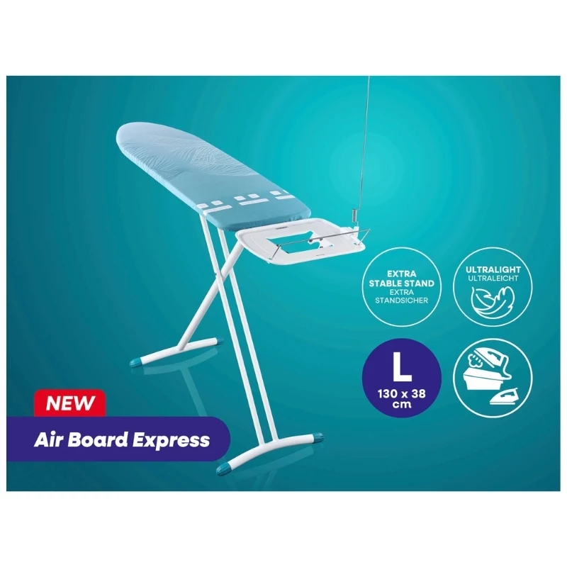 LEIFHEIT Air Board Express L Solid tábua de passar a ferro 130x38 cm com tecnologia Thermo-Reflect, altura ajustável 75-98 cm, dobrável, formato ombro, pés antiderrapantes, apoio para ferro, suporte de cabo, branco/azul