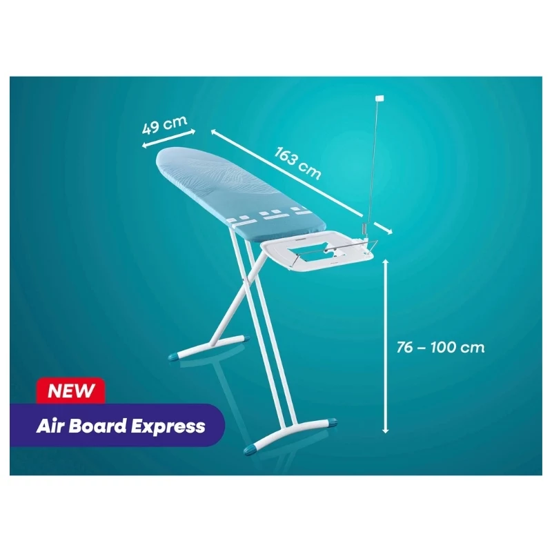 LEIFHEIT Air Board Express L Solid tábua de passar a ferro 130x38 cm com tecnologia Thermo-Reflect, altura ajustável 75-98 cm, dobrável, formato ombro, pés antiderrapantes, apoio para ferro, suporte de cabo, branco/azul