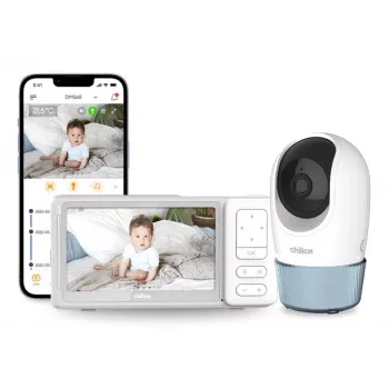Chillax DM568 intercomunicador vídeo Wi-Fi e FHSS para bebé com ecrã de 5 polegadas, câmara com rotação e inclinação, visão noturna, função de intercomunicação, sensor de temperatura, canções de embalar e aplicação Hubble