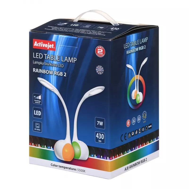 Activejet AJE-RAINBOW 2 candeeiro de secretária LED com base RGB, braço flexível, regulável, controlo tátil, luz principal 7W, 350lm, 2800K-6500K, preto