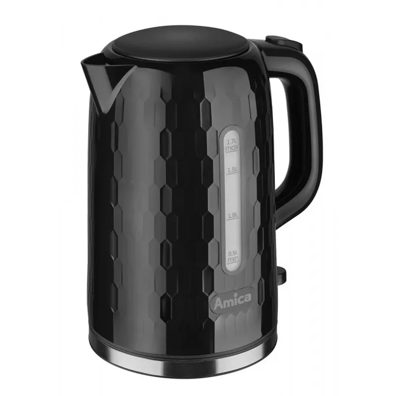 AMICA chaleira elétrica KM3010 1,7L preta – chaleira elétrica sem fios 2200W em aço inoxidável com resistência oculta, base de 360°, desligamento automático e proteção contra funcionamento a seco