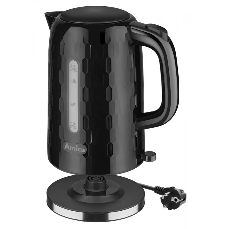 AMICA chaleira elétrica KM3010 1,7L preta – chaleira elétrica sem fios 2200W em aço inoxidável com resistência oculta, base de 360°, desligamento automático e proteção contra funcionamento a seco