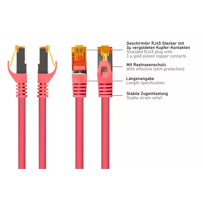 Cabo de patch Cat.7 S/FTP Kabelmeister, RJ45, TPE isento de halogéneos, magenta, 1m