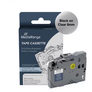 MediaRange Cassete de fita de rotulagem para Brother TZ-111/TZe-111, 6mm, 8m, Preto sobre Transparente