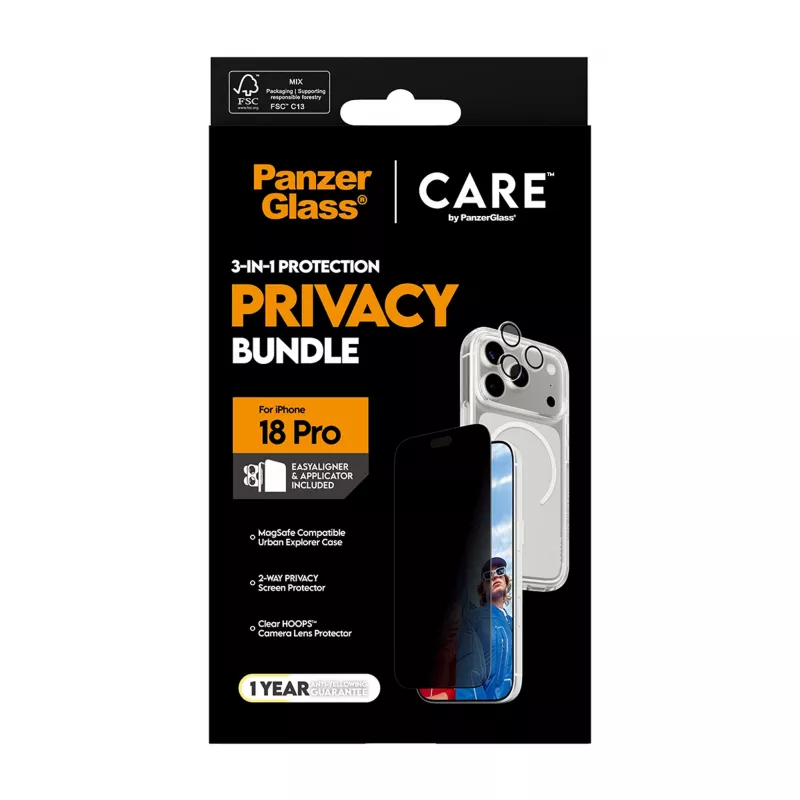 Pacote 3-em-1 PanzerGlass PG PGC Privacy Flagship para iPhone 18 Pro