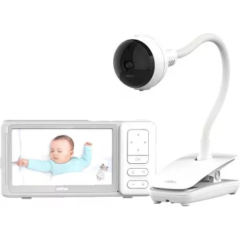 Intercomunicador de vídeo para bebé Chillax DM685 Wi-Fi/FHSS com unidade dos pais de 5 polegadas, câmara 1080p, função de rotação e inclinação, visão noturna, intercomunicador, sensor de temperatura, canções de embalar, branco