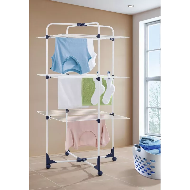 Estendal LEIFHEIT Classic Tower 270 para interior e exterior, 27 m de linha, dobrável, 3 níveis, branco/azul