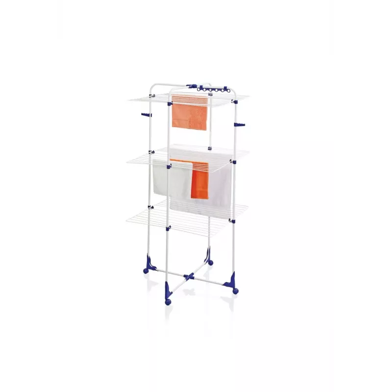 Estendal LEIFHEIT Classic Tower 340 interior/exterior, dobrável, 34 m de linha, 3 níveis, branco com detalhes azuis, rodas 360°