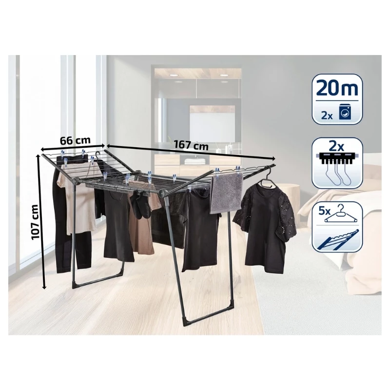 LEIFHEIT Estendal Pegasus 200 Solid Black 20 m de comprimento de secagem dobrável