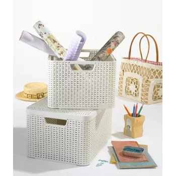 Caixa de arrumação Curver Style M 17L com tampa, efeito rattan, creme