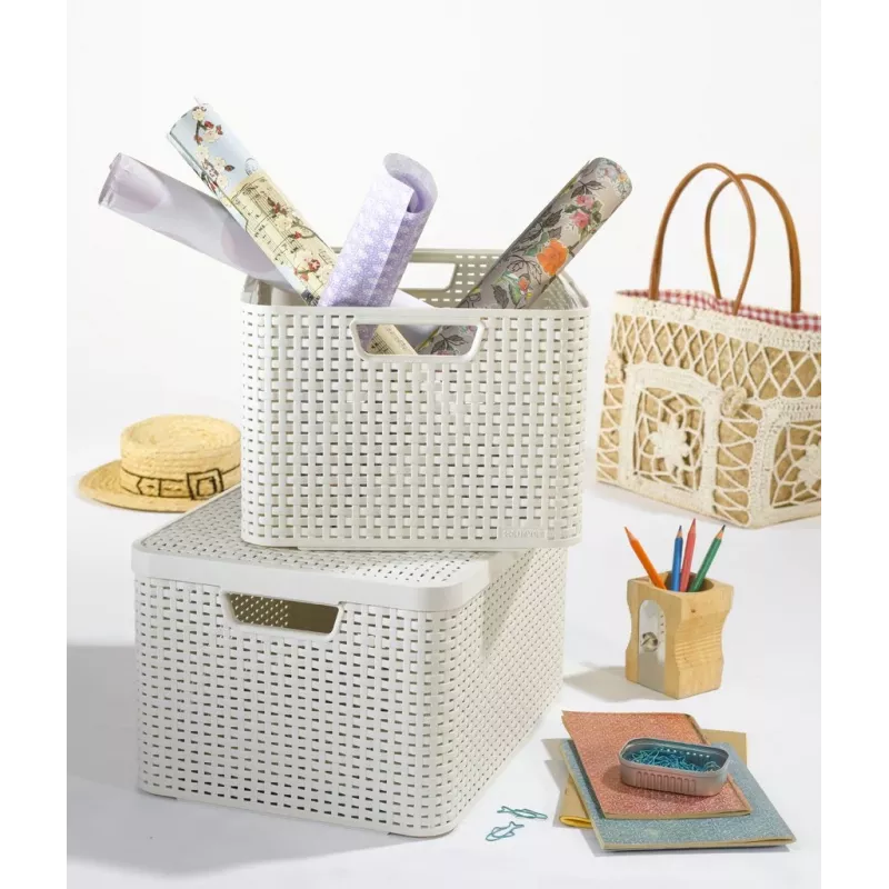 Caixa de arrumação Curver Style M 17L com tampa, efeito rattan, creme