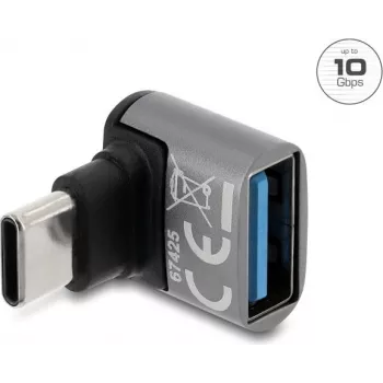 Adaptador USB 10 Gbps Delock ficha USB Type-C para conector fêmea USB Type-A, inclinado para cima, caixa em alumínio