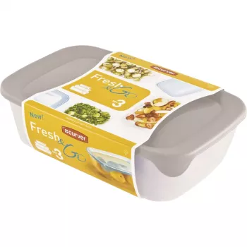 Curver Fresh & Go Conjunto de Caixas de Armazenamento, 3 Recipientes Retangulares, 2L + 1L + 0,5L, Transparente com Tampas Herméticas Coloridas