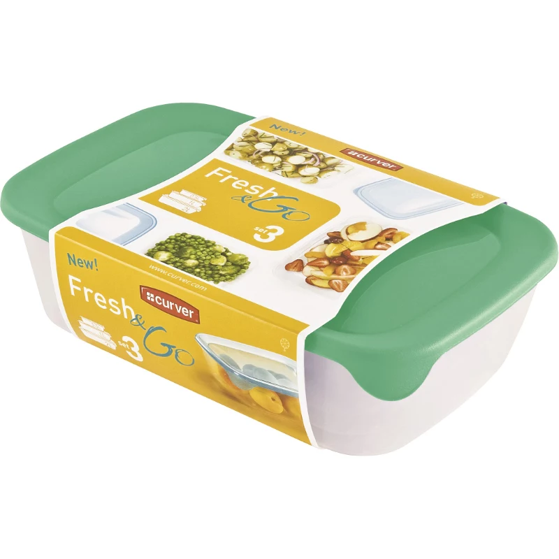 Curver Fresh & Go Conjunto de Caixas de Armazenamento, 3 Recipientes Retangulares, 2L + 1L + 0,5L, Transparente com Tampas Herméticas Coloridas