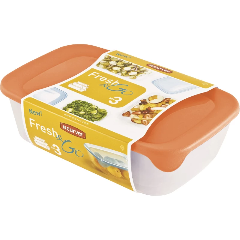 Curver Fresh & Go Conjunto de Caixas de Armazenamento, 3 Recipientes Retangulares, 2L + 1L + 0,5L, Transparente com Tampas Herméticas Coloridas