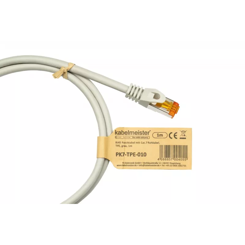 KABELMEISTER Cabo de rede Cat.7 S/FTP RJ45 Patch, 1m, cinzento, revestimento TPE, sem halogéneos, 10Gbps