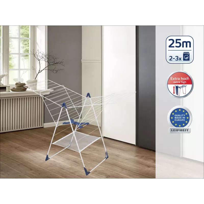 Estendal de roupa LEIFHEIT Classic 250 Flex - 25 m de comprimento de secagem, asas ajustáveis em altura, dobrável, branco/azul