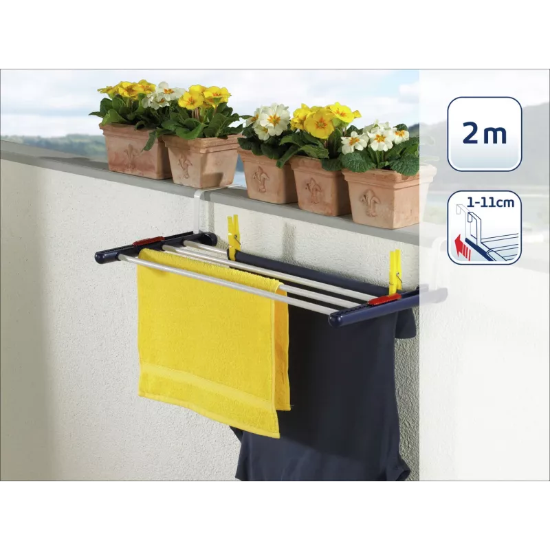 Estendal de roupa suspenso LEIFHEIT Quartett 20, 2m de comprimento de secagem, 4 varões de aço revestidos, dobrável, branco/azul