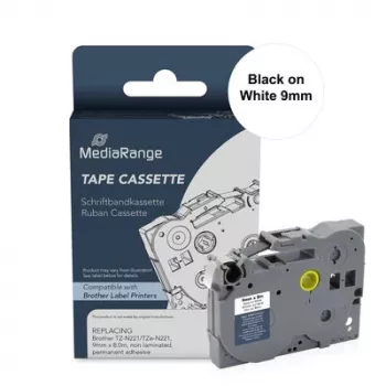 Cassete de fita de rotulagem MediaRange para Brother TZ-N221/TZe-NX221, 9mm x 8m, preto sobre branco