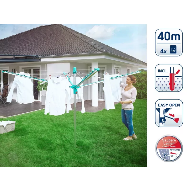 Estendal de roupa LEIFHEIT Linomatic 400 Easy 40 m, alumínio, prateado/azul