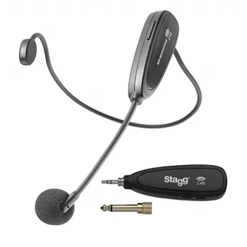 Sistema de auscultador UHF sem fios Stagg SUW 12H-BK com transmissor de bolso e recetor de mesa, 12 canais, Preto
