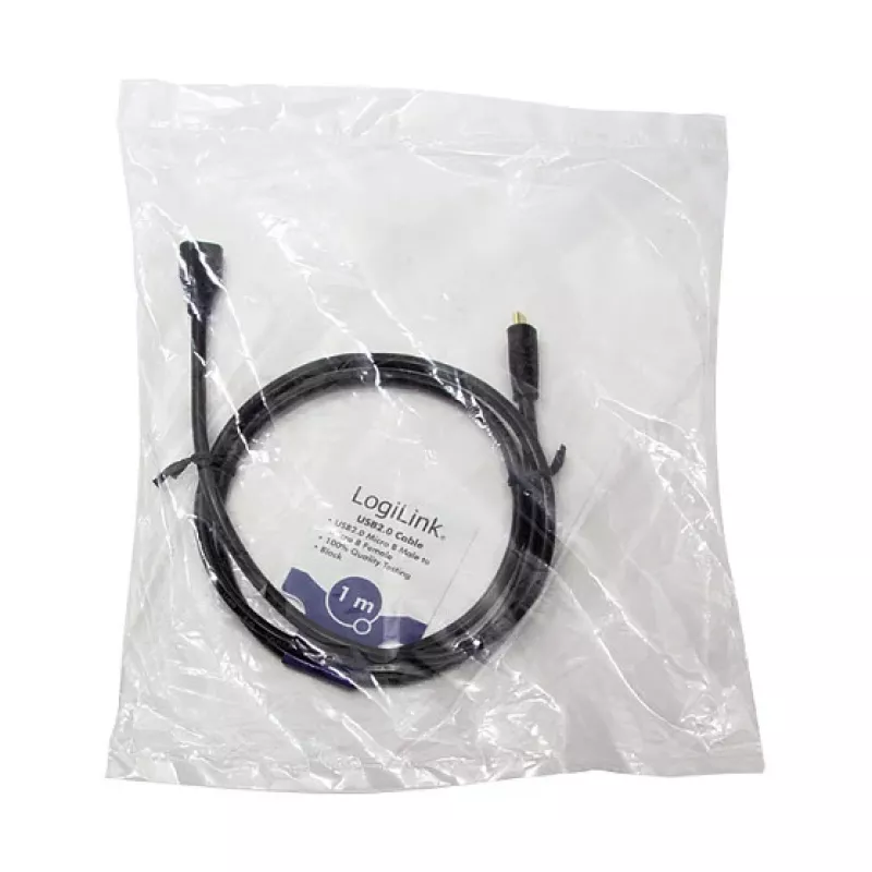 LogiLink CU0121 Cabo de extensão USB 2.0 Micro-B macho para Micro-B fêmea, 1 m, Preto