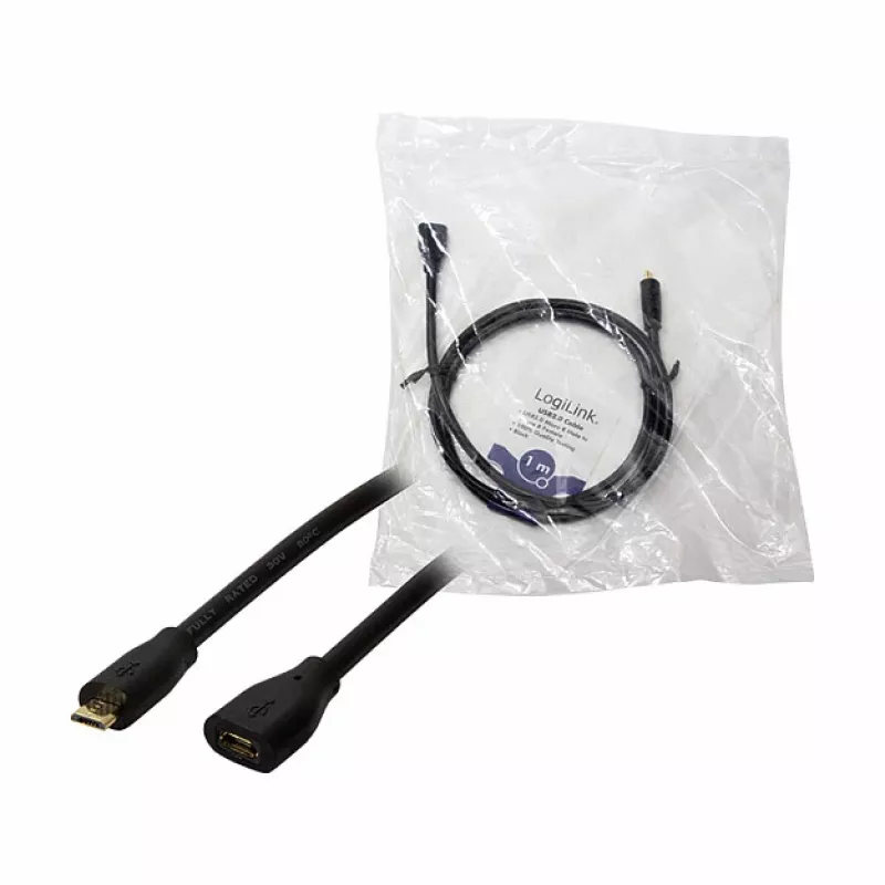 LogiLink CU0121 Cabo de extensão USB 2.0 Micro-B macho para Micro-B fêmea, 1 m, Preto