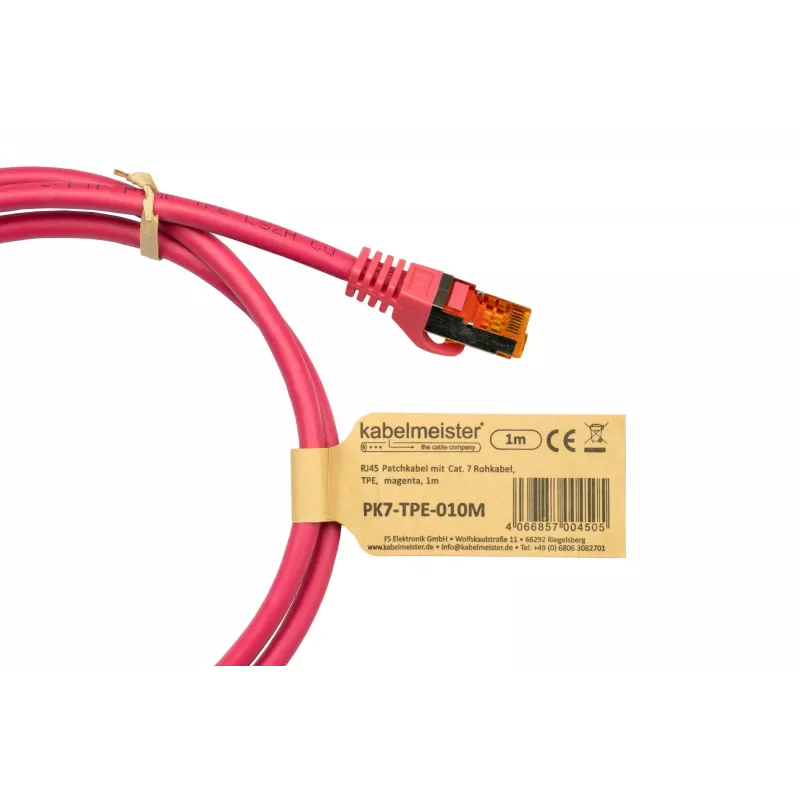 Kabelmeister Cabo de rede RJ45 Cat.7 S/FTP, bainha TPE, isento de halogéneos, magenta, 0,25m
