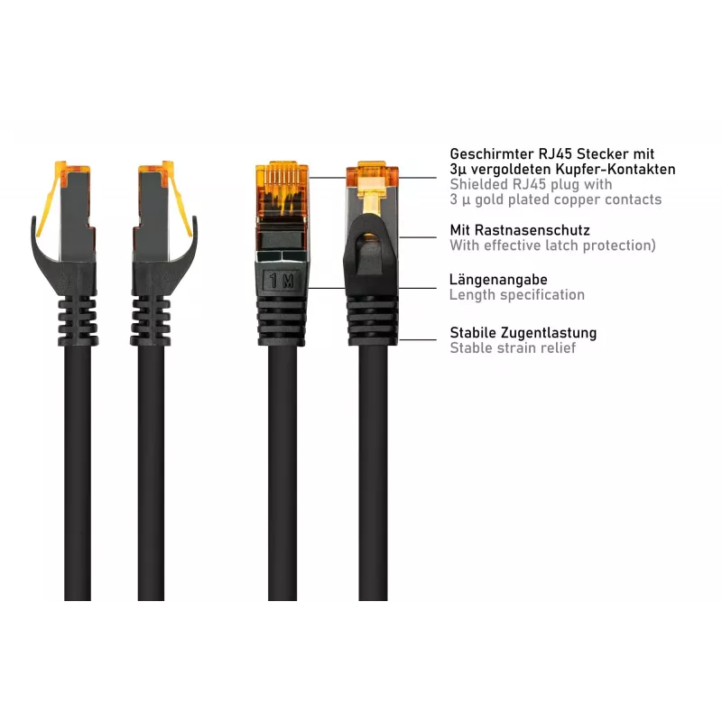KABELMEISTER Cabo de rede Cat.7 S/FTP RJ45, 1m, preto, bainha TPE, isento de halogéneos, 10 Gbps