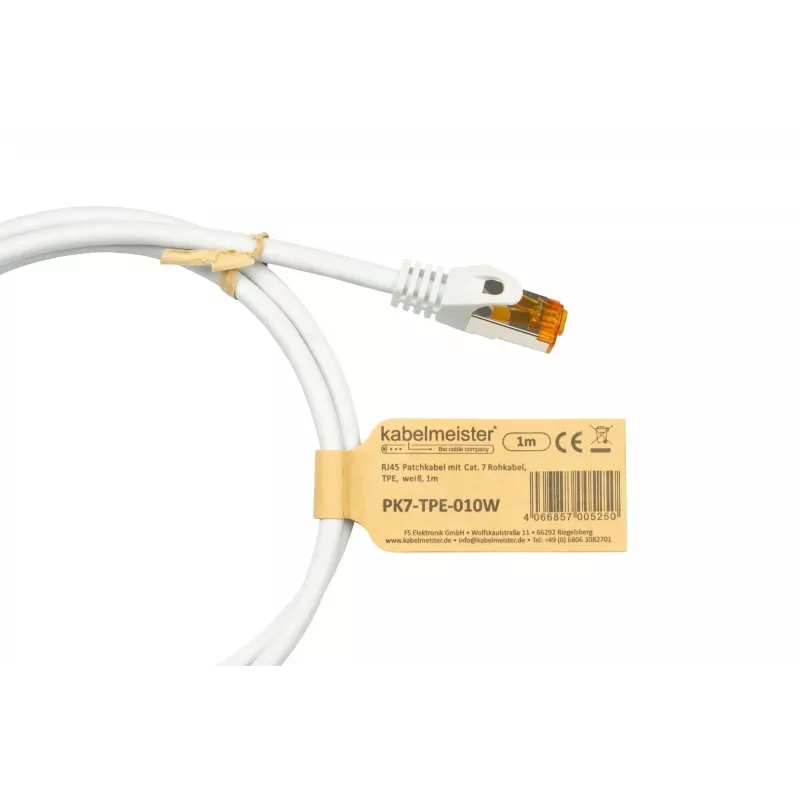 Kabelmeister Cabo de rede RJ45 Cat.7 S/FTP, bainha TPE, isento de halogéneos, branco, 7,5 m