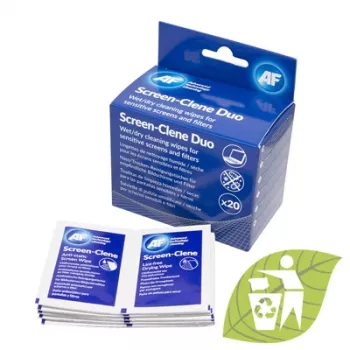 AF Screen-Clene Duo Wipes - Toalhetes de limpeza húmidos/secos para ecrãs, 20 saquetas (10 húmidas + 10 secas)