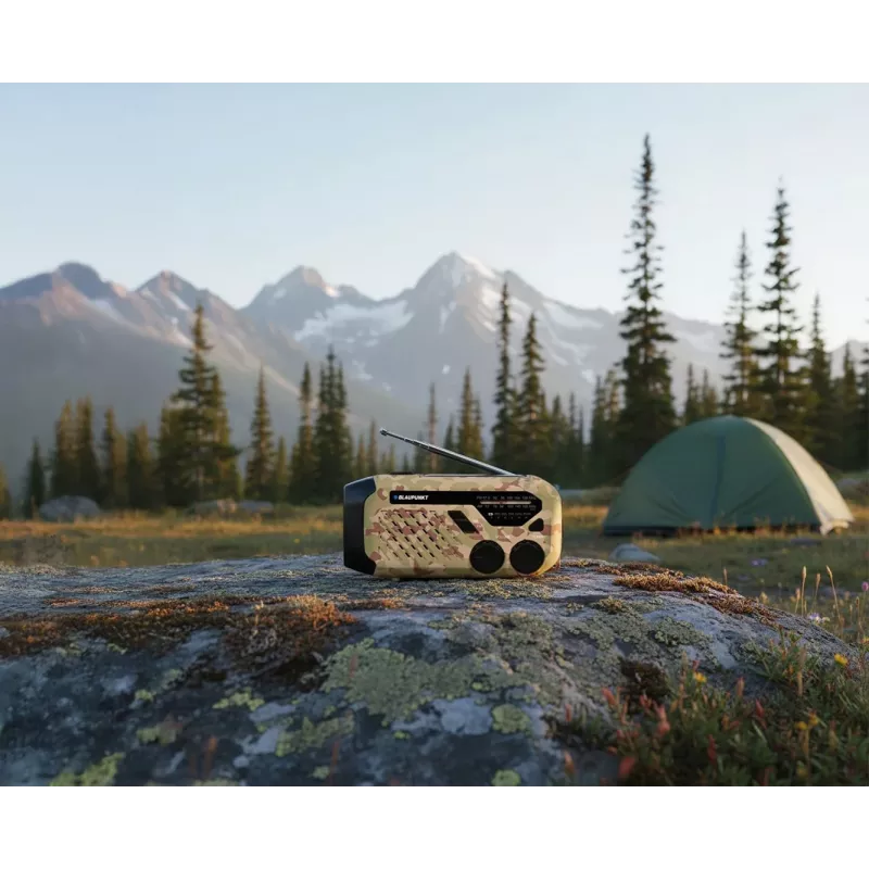 Blaupunkt ER10DC rádio de emergência com solar, manivela, powerbank, lanterna LED, sirene SOS, AM/FM, camuflagem deserto