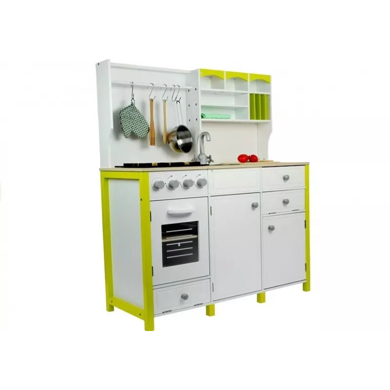 Cozinha de brincar em madeira para crianças verde e branco Paula com forno e micro-ondas de abrir