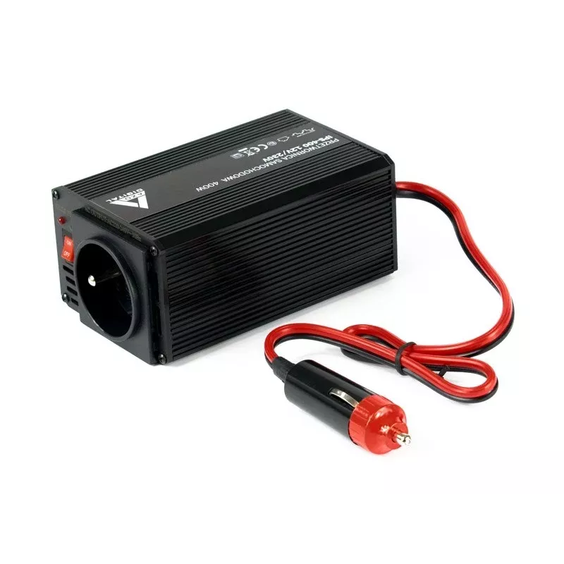 Inversor AZO Digital IPS-400 400W 12V DC para 230V AC com onda sinusoidal modificada, tomada Schuko, terminais de bateria e ficha de isqueiro