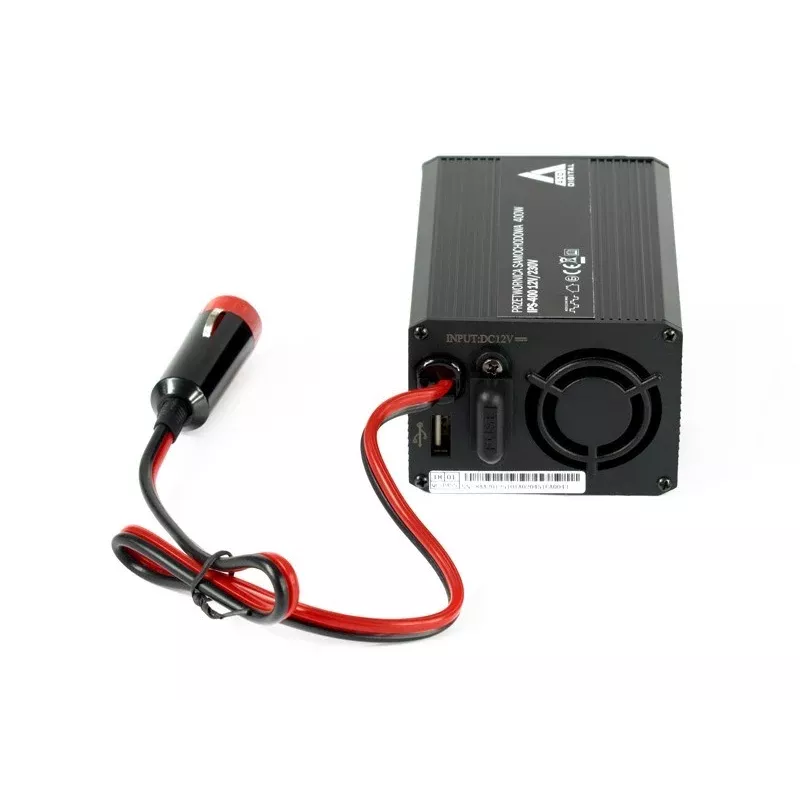 Inversor AZO Digital IPS-400 400W 12V DC para 230V AC com onda sinusoidal modificada, tomada Schuko, terminais de bateria e ficha de isqueiro