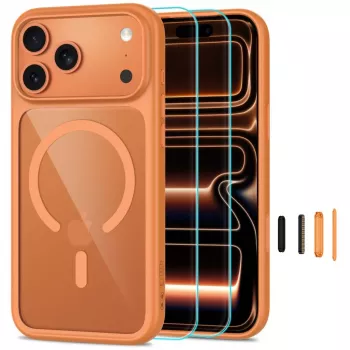 Capa TECH-PROTECT MAGONE MagSafe com pack de 2 proteções de ecrã em vidro temperado para iPhone 17 Pro / 18 Pro – Cosmic Orange/Transparente