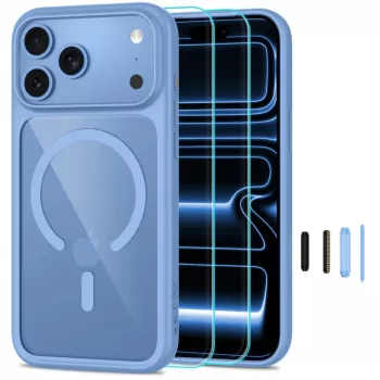 Capa transparente TECH-PROTECT MAGONE MagSafe com pack de 2 vidros de proteção de ecrã para iPhone 17 Pro Max / 18 Pro Max – Azul-claro