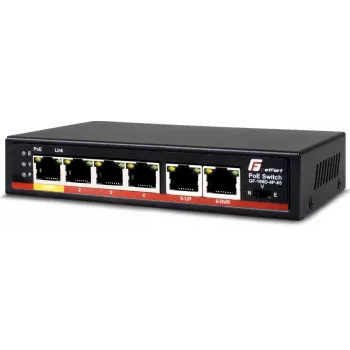 GETFORT GF-106D-4P-65 Switch Fast Ethernet PoE+ de 6 portas com 4 portas PoE e 2 portas uplink, orçamento 65W, metal para secretária