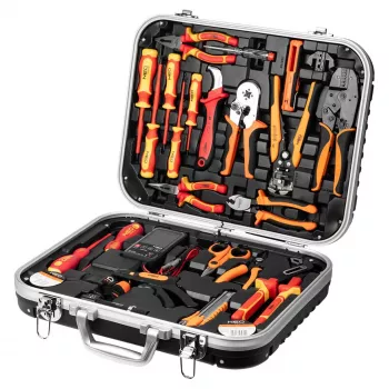 NEO TOOLS Conjunto de 25 peças de mala de ferramentas para eletricista, ferramentas manuais isoladas VDE com testador de tensão, alicate de descarnar, alicates, chaves de fendas e acessórios em mala de plástico resistente