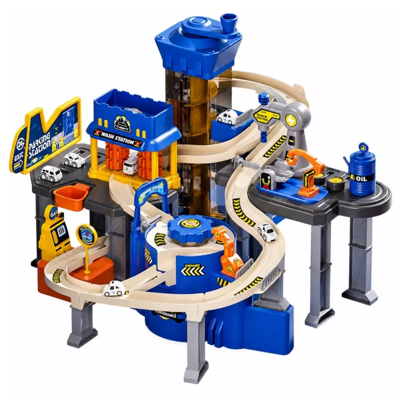 LEAN TOYS Conjunto de jogo interativo: parque de estacionamento, oficina e lavagem de carros com 8 carros azuis